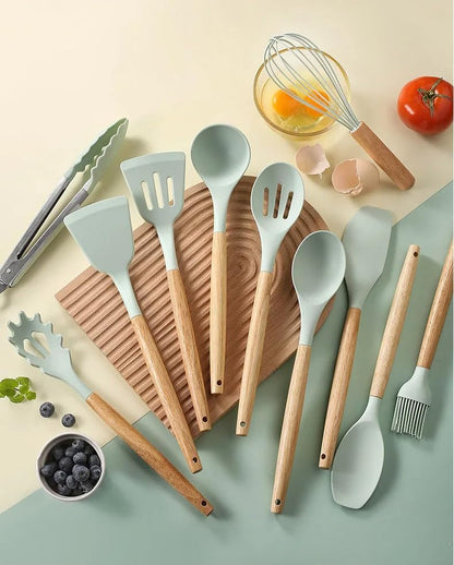 12-Piece Silicone Kitchen Utensil Set: Heat resistant up to 446°F. Includes Turner, Tongs, Spatula, Spoon, Brush, Whisk, Wooden Handles, Holder for Nonstick Cookware. (Light Green), Medium
