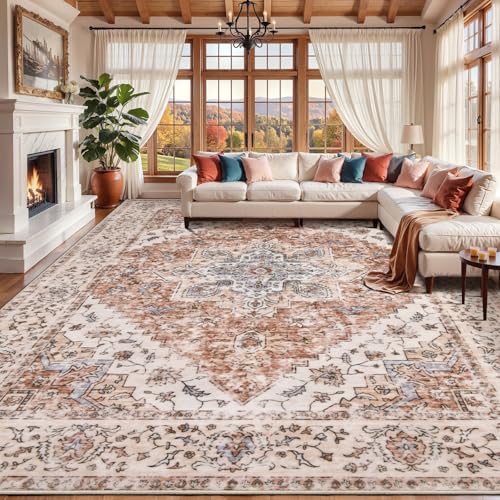 Ciicool 10x14ft Washable Soft Vintage Large Low-Pile Living Room Area Rug | Non-Slip Back Boho Oriental Carpet Pet Friendly Throw Indoor Mat for Dining Room Kitchen Bedroom Bedside Home Decor - color: Vintage Cream/Brick, size: 10' x 14' (Rectangular)