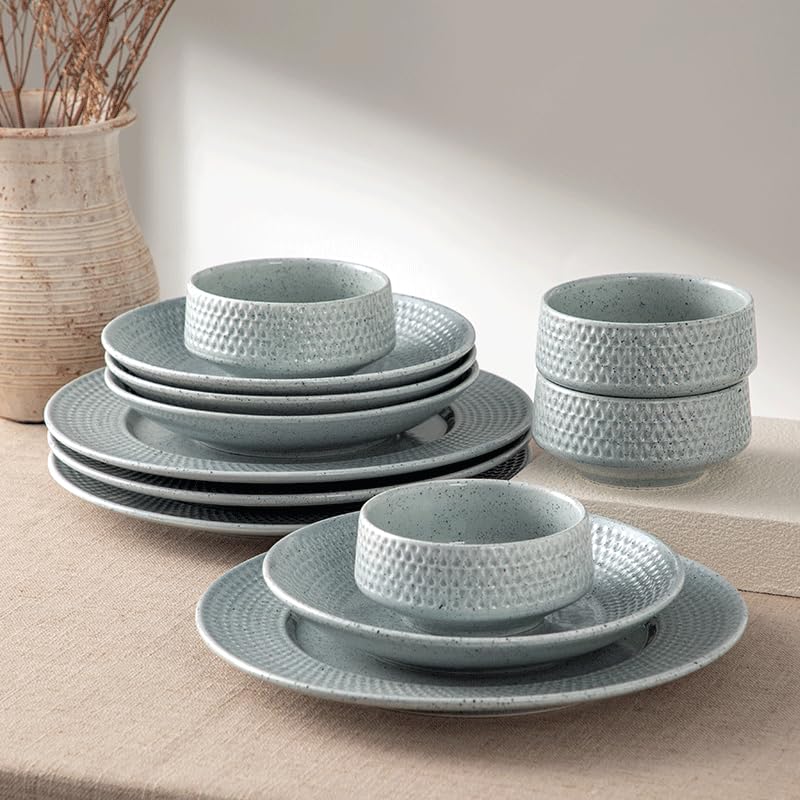 4-piece set, ceramic, embossed B design plate and bowl set, microwave and dishwasher tableware set, shatterproof and scratch resistant dinner set, irregular edge design, white - color: style - 12