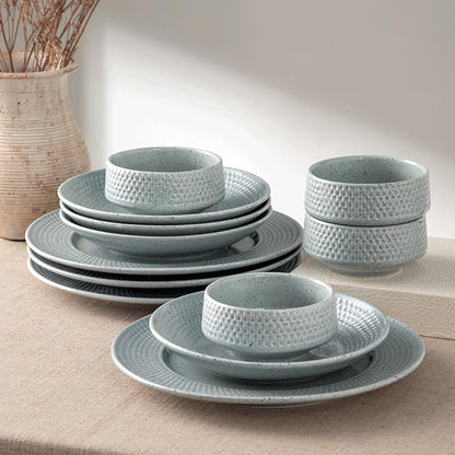 4-piece set, ceramic, embossed B design plate and bowl set, microwave and dishwasher tableware set, shatterproof and scratch resistant dinner set, irregular edge design, white - color: style - 12