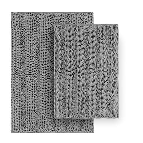 Striped Chenille Bathroom Rugs and Mats Sets, Ultra Soft Chenille Microfiber, Absorbent Non-Slip Machine Washable Bath Rugs, Bath Mat for Bathroom, Shower Mat, Tub, 20"x32" & 18"x24", Grey - color: Space Grey, size: Set of 2 - 20" x 32" + 18" x 24"