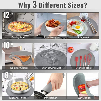Pack 2,KooMall 12 10 8 Inch Multi-use Microwave Mat, Trivet, Pot Holders, Drying, Baking, Place Mat, Utensils Rest, Silicone Cover Pad for Hot Pot Pan,Plates Dishes Kitchen Counter,Heat Resistant,Gray - color: 2pack 12+10+8 Gray