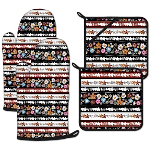 Retro Boho Flower Stripe Oven Mitts and Pot Holders Set 4 Pcs Extra Long Heat Resistant Gloves Potholder for Baking, BBQ, Grilling - color: Boho Floral Stripe