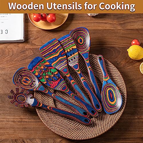 Gudamaye Pakka wood 7-Piece Blue Wooden Cooking Utensils, Wooden Spoons for Cooking, Wooden Spoon Set, Wooden Kitchen Utensil set, Pakkawood Cooking Spoons, Non-Stick Spoon,Pakkawood kitchen utensils - style: Pakkawood 7 PCS Blue