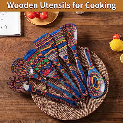 Gudamaye Pakka wood 7-Piece Blue Wooden Cooking Utensils, Wooden Spoons for Cooking, Wooden Spoon Set, Wooden Kitchen Utensil set, Pakkawood Cooking Spoons, Non-Stick Spoon,Pakkawood kitchen utensils - style: Pakkawood 7 PCS Blue