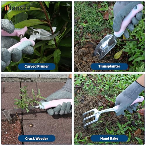 Pink Garden Tools Set 12-Piece, Gardening Gifts for Women | Aluminum Gardening Hand Tool with Non-Slip Handle, Kneeling Pad, Apron, Gloves and Organizer Handbag, Landscaping Tools - color: pink