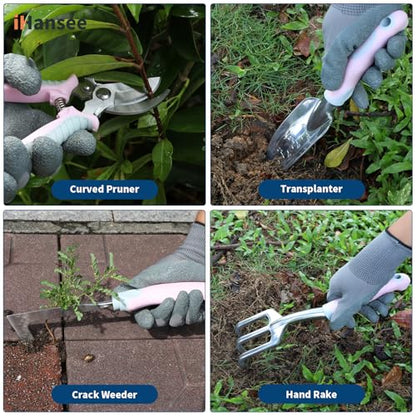 Pink Garden Tools Set 12-Piece, Gardening Gifts for Women | Aluminum Gardening Hand Tool with Non-Slip Handle, Kneeling Pad, Apron, Gloves and Organizer Handbag, Landscaping Tools - color: pink