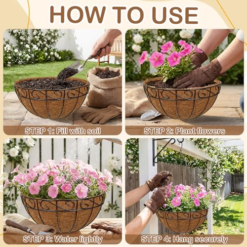 2 Pack 14 inch Metal Hanging Baskets for Plants, Round Metal Wire Hanging Basket Planter with Coco Fiber Liners Chain for Garden Home Porch Patio, Flower Border - size: 14" x 2 Pack, style: Flower Border