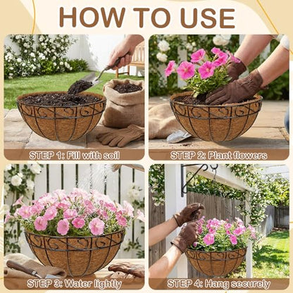 2 Pack 14 inch Metal Hanging Baskets for Plants, Round Metal Wire Hanging Basket Planter with Coco Fiber Liners Chain for Garden Home Porch Patio, Flower Border - size: 14" x 2 Pack, style: Flower Border