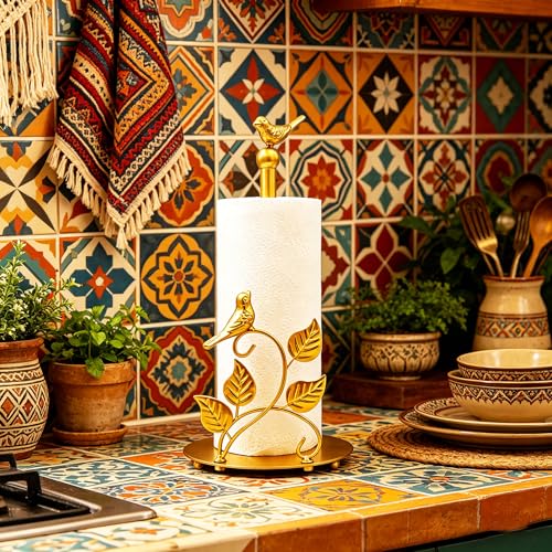 Gold Paper Towel Holder Countertop Golden Bird Decor Cast Iron Solid Birds and Leaves for Home Gold Kitchen Decor Unique Paper Towel Holder Golden