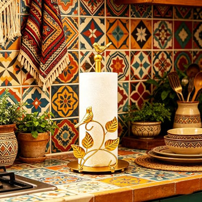 Gold Paper Towel Holder Countertop Golden Bird Decor Cast Iron Solid Birds and Leaves for Home Gold Kitchen Decor Unique Paper Towel Holder Golden