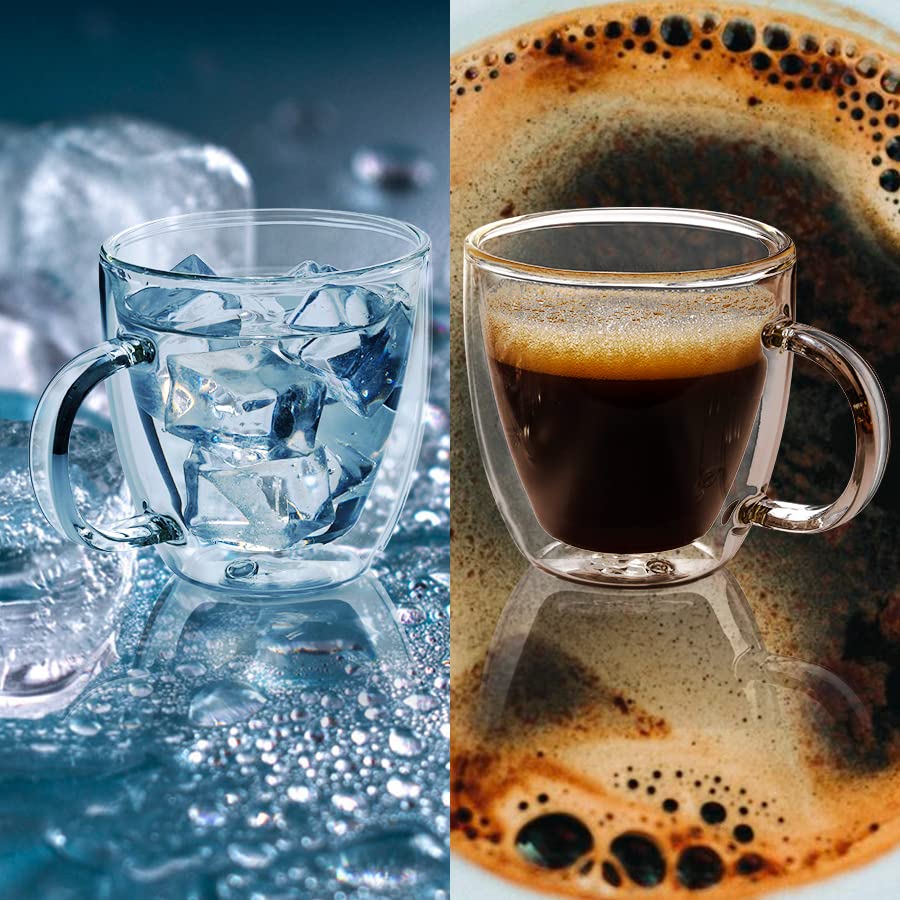 Double Wall Glass Coffee Mugs 5oz / 150ml, Set of 2 Insulated Mugs with Handles, Stylish Tazas de Cafe Con Estilo
