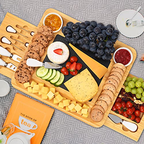 ROYAMY Bamboo Cheese Charcuterie/Serving Board and Knife Set with Round Tray, Wooden Cheese Platter/Tray, Perfect for Christmas, Anniversary,Wedding,Housewarming Gift Ideas