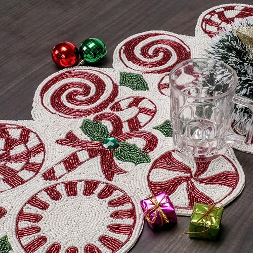 Christmas Beaded Table Runner, Red & White, 13x36 | Handcrafted, 85% glass beads, polyester backing, dining/console/coffee table, holidays, weddings, wipe-clean maintenance - color: Cherry Reddish, size: 36"x13"