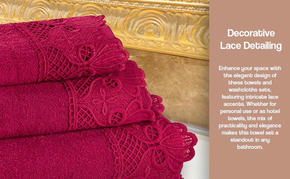 Zahari Home 3 Piece Laced Towel Set - Stylish Soft Plush Cotton Towels with Hand Towel & Washcloth - Highly Absorbent Towels for Bathroom, Gym, Hotel & Spa (Macramee Burgundy) - color: Macramee-burgundy