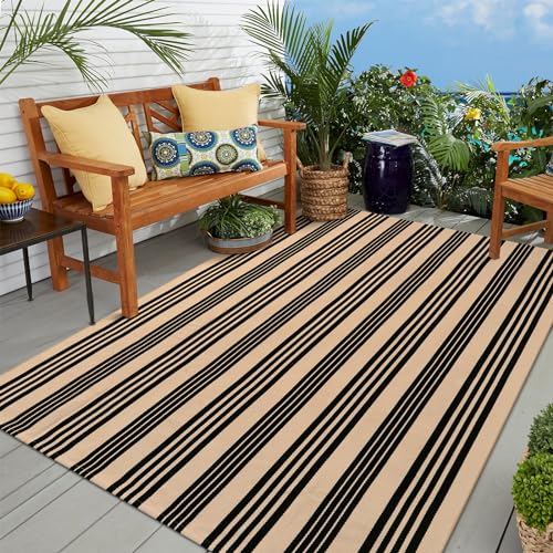 Outdoor Patio Rug 5'x7', Black and Tan Striped Outdoor Rugs Washable | Machine Washable Area Rugs Cotton Hand Woven Indoor Outdoor Rugs for Bedroom/Living Room/Front Porch/Deck/Backyard/Camping - color: Tan/Black Stripe, size: 5' x 7' (Rectangular)