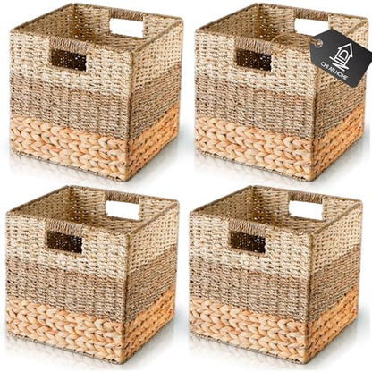 12x12 Baskets for Cube Storage, Wicker Cube Storage Bins Set 4 | 12x12x12 Storage Bins, Foldable Square Baskets For Cube Shelves, Kallax Woven Bins, Versatile Storage, Natural Water Hyacinth - size: 11.8 x 11.8 in