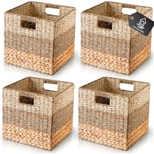 13x13 Wicker Storage Cubes, 13x13x13 Storage Cube Bins Set 4 | 13 Inch Cube Storage Bins Baskets For Shelves, Large Woven Cube Storage Bin With Handle, Foldable Square Baskets For Storage - size: 13x13x13