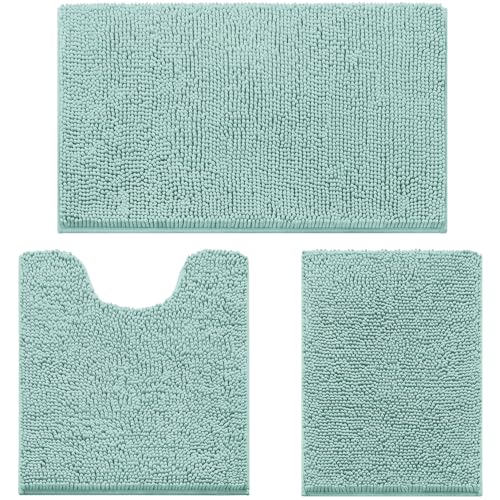 HOMEIDEAS 3 Pieces Bathroom Rugs, Ultra Soft Non Slip Absorbent Chenille Toilet Bath Mat Set (Eggshell Blue) - color: Blue-eggshell Blue, size: 17"x24"+20"x32"+U Shape 20"x24"