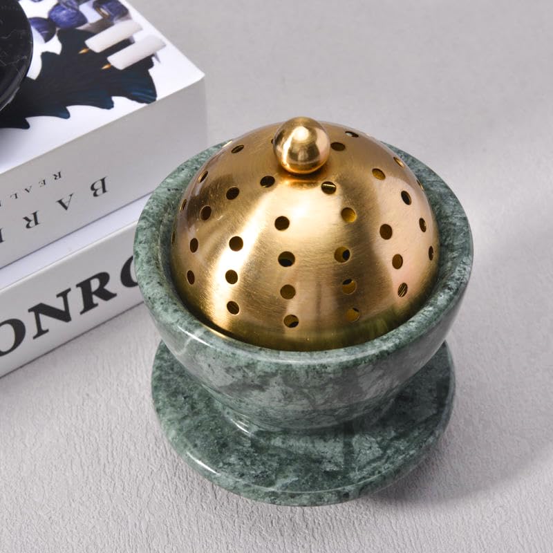 Sissi & yaya Marble Incense Burner with Brass Lid, 10 x 13.5 cm, Meditation and Spa Decor (Green) - color: Green
