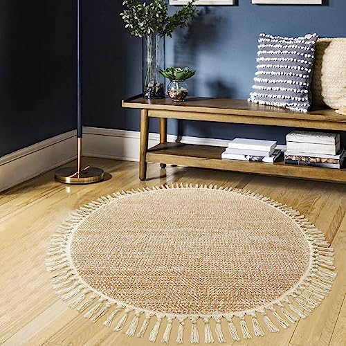 Hand Woven Circle Area Rug, Soft Hand Woven Cotton Washable Carpet | 4ft Modern Farmhouse Rugs with Tassels, Tan/Cream Round Rugs for Bedroom Living Room Dining Room Table Office - color: Tan/Cream, size: 4' (Round)