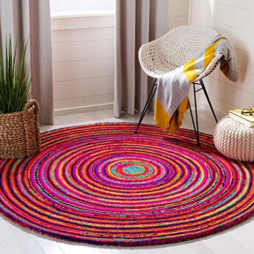 SAFAVIEH Nantucket Collection Area Rug - 6' Round, Multi, Handmade Boho Abstract Circle Cotton, Ideal for High Traffic Areas in Living Room, Bedroom (NAN315A) - size: 6' (Round)