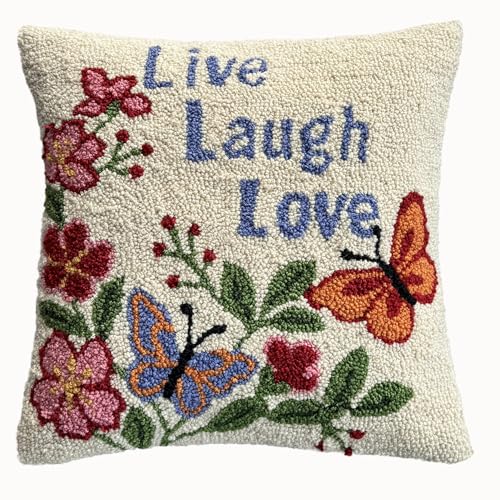 Live Laugh Love Floral Butterfly Hand-Hooked Pillow Cover 16"x16" | Farmhouse boho style,textured pillowcase,velveteen soft back,hidden zipper,,decorative cushion cover for couch sofa bed - color: Butterfly Flower