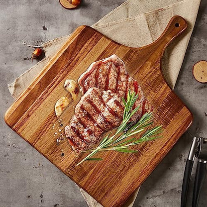 Large Acacia Wood Cutting Board with Handle - Wooden Charcuterie Board, Chopping Board for Kitchen, Meat, Cheese, Vegetable, Fruit and Snack Board, Decorative Serving Board for Counter, 17"x13" - size: 17"L x 13"W