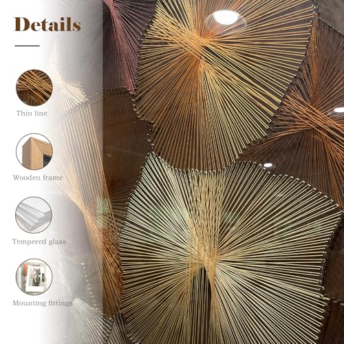 BrightA Large String Nail Thread Art 3D Floral Wall Hanging Sculpture | Hand crafted metal pin and fiber radial bloom panels with layered botanical geometry 27.5"x39.4" - color: Brown + Gold + Dark Red + Natural wood tone, size: 27.5"x39.4"