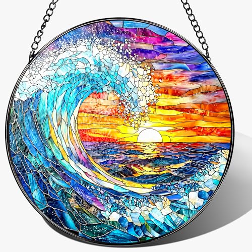 Stained Glass Window Hanging, Pauyadu 8 Inch Sea Waves Stained Glass Suncatcher, Sunset on The Beach Window Decor, Gift for Beach Lovers, Natural Gifts, Christmas, Mother's Day, Housewarming Gifts - color: Sea Waves