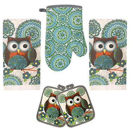 Kitchen Towel 5 Piece Linen Set 2 Towels 2 Pot Holders 1 Oven Mitt (Owl) - color: Owl