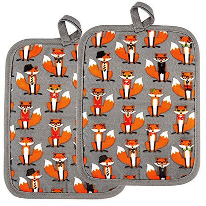 Pot Holders Set of 2,Non Slip Clear Silicone Printed Potholdes | Resistant 480 ℉,Comfortable Cotton Lining Kitchen Women Men Cooking Baking Microwave (Fox, Gray Potholders) - color: Fox, Gray Potholders