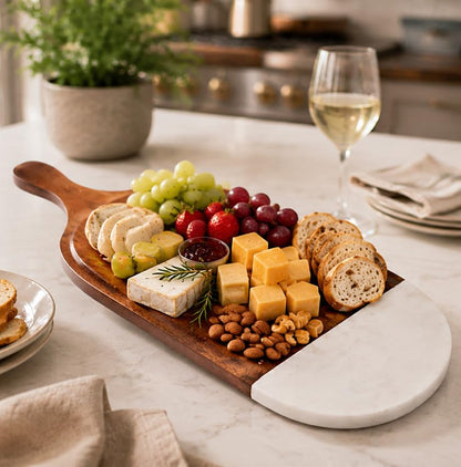 Marble & Acacia Wood Serving Tray, 12x5.5 Inch