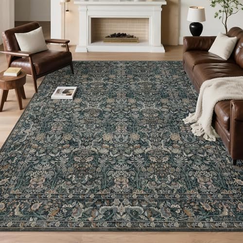 Vintage Botanical Area Rug 5x7: Floral Carpet Non-Slip - Dark Green | Classic Dark Tone Pattern Fits Compact Living Spaces - Washable, Stain Resistant, Low Pile for Living Room Pet Friendly - color: Dark Green, size: 5' x 7' (Rectangular)