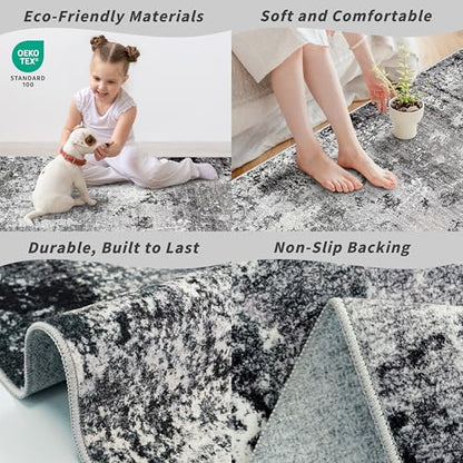 2x5 Washable Kitchen Rug Runner – Non-Slip Abstract Modern Small Rug for Bathroom,Hallway, Bedroom, Laundry Room, Entryway – Soft Low-Pile Thin with Rubber Backing (Black Grey, 2x5) - color: Black Grey, size: 2' x 5' (Rectangular)