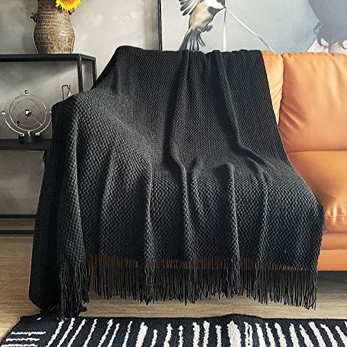 LOMAO Knitted Throw Blanket with Tassels Bubble Textured Lightweight Throws for Couch Cover Home Decor (Black, 50x60) - color: Black, size: 50x60"