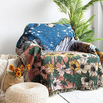 Flower Moon Mountain Throw Woven Blanket with Tassel for Home Decoration Chair Couch Sofa Bed Beach Travel Picnic Cloth Tapestry Shawl Cozy Cotton (Blue & Red 63×51 Inches)