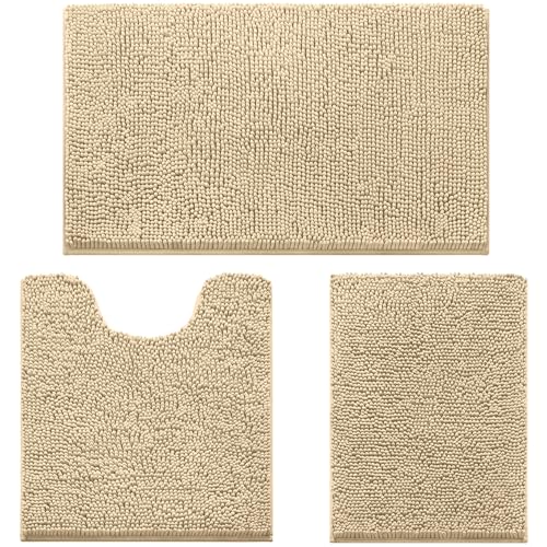 HOMEIDEAS 3 Pieces Bathroom Rugs, Ultra Soft Non Slip Absorbent Chenille Toilet Bath Mat Set (Beige) - color: Beige-beige, size: 17"x24"+20"x32"+U Shape 20"x24"