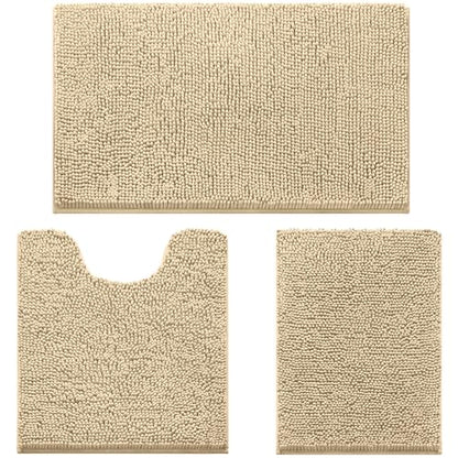 HOMEIDEAS 3 Pieces Bathroom Rugs, Ultra Soft Non Slip Absorbent Chenille Toilet Bath Mat Set (Beige) - color: Beige-beige, size: 17"x24"+20"x32"+U Shape 20"x24"