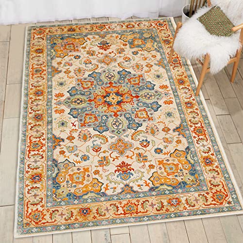 COMSLE Boho Area Rug, 3' x 5' Machine Washable Rugs for Entryway Faux Wool Large Rugs Distressed Throw Rug Non-Slip Floor Carpet for Indoor Bedroom Kitchen Living Room - color: Terracotta/Royal Blue-1, size: 3' x 5' (Rectangular)