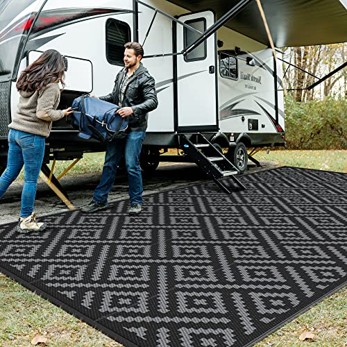 GENIMO Outdoor Rug, Waterproof Plastic Rugs 9'x18' for Camping Black Grey | Outside Larger Modern Carpet Mat for Patio Decor, RV, Porch, Camper, Deck, Picnic, Beach, Backyard, Reversible, Foldable - color: Black & Grey, size: 9' x 18' (Rectangular)