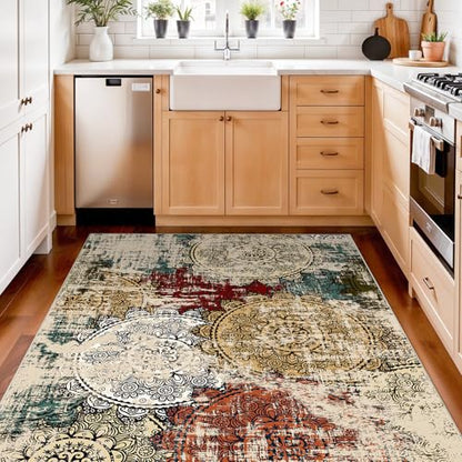 Washable 4x5 Area Rug Abstract: Red Soft Non-slip Mat Bathroom Households | Low Pile Mandala Floor Carpet Easy Cleaning Bedside Accent Small Entryway Foyer Kitchen Spot mat Apartment Condo Dwellers - color: Red/Green/Multi, size: 4' x 5' (Rectangular)