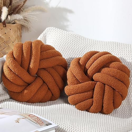 Marsui 2 Pieces Knot Ball Pillows 14 x 14 Inch Decorative Pillow for Couch Bedroom Plush Throw Knot Pillow Soft Handmade Chair Cushion for Living Room Car Decorations (Caramel) - color: Caramel