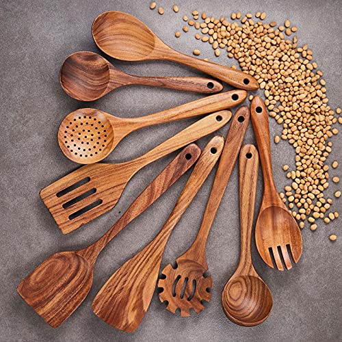 Wooden Kitchen Utensils Set,GUDAMAYE 9 PCE Natural Teak Wooden Spoons For Non-stick Pan for Cooking, - size: 9 PCS