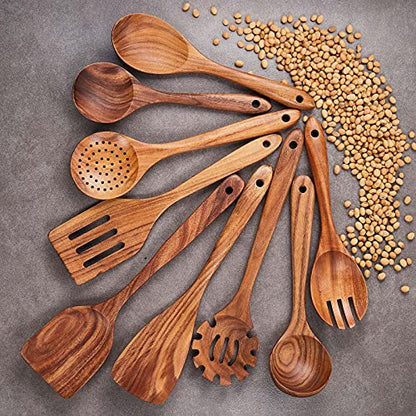 Wooden Kitchen Utensils Set,GUDAMAYE 9 PCE Natural Teak Wooden Spoons For Non-stick Pan for Cooking, - size: 9 PCS