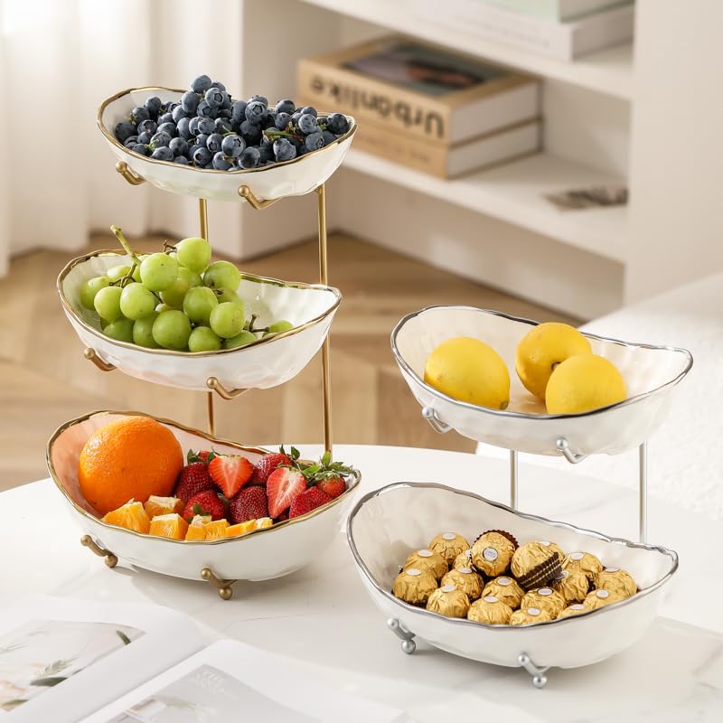 White Fruit Bowl with Gold Metal Stand, 3 Tier Modern Ceramic Fruit Bowl Fruit Rack for Kitchen Counter, Tiered Fruit Basket for Snacks Bread Candy Storage (White,3 Tier) - color: White A,3 Tier