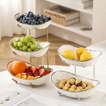White Fruit Bowl with Gold Metal Stand, 3 Tier Modern Ceramic Fruit Bowl Fruit Rack for Kitchen Counter, Tiered Fruit Basket for Snacks Bread Candy Storage (White,3 Tier) - color: White A,3 Tier