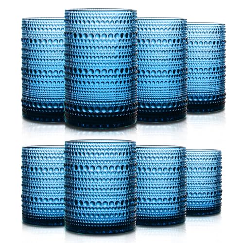 SoulTimes Set of 8 Hobnail Drinking Glasses Vintage Blue Glassware - 4 Highball Glasses 14 oz, 4 Rocks Glass Cup 11 oz, Embossed Old Fashioned Glassware for Water,Wine,Beer,Juice, (Cornflower Blue) - color: Cornflower Blue