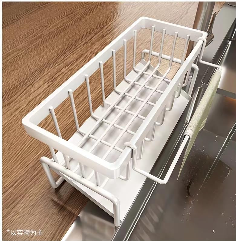 Carbon Steel Kitchen Sink Caddy, Sponge Holder Self Drain Soap Dish with Detachable Dishcloth Rack for Kitchen Countertop Organizer, White - color: White