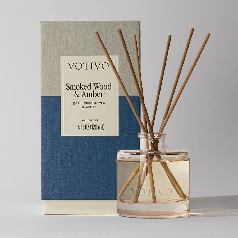 Votivo Smoked Wood & Amber Signature Reed Diffuser | Woody Scented Home Fragrance Diffuser with Sticks, Reed Oil and Glass Bottle | Decorative Air Freshener for Home Decor | 4 oz